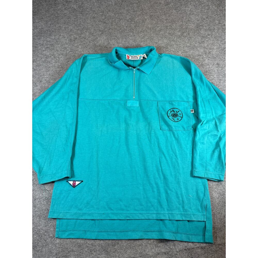 Vintage Y2K Michael Jackson MJ 1/4 Zip Polo Shirt Mens Large Blue Long Sleeve